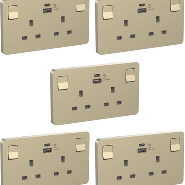 RACO Schneider AvaterOn 21W Type A+C 2 Gang 13A Switched Socket With USB Charger Pack Of (5, WINE GOLD)