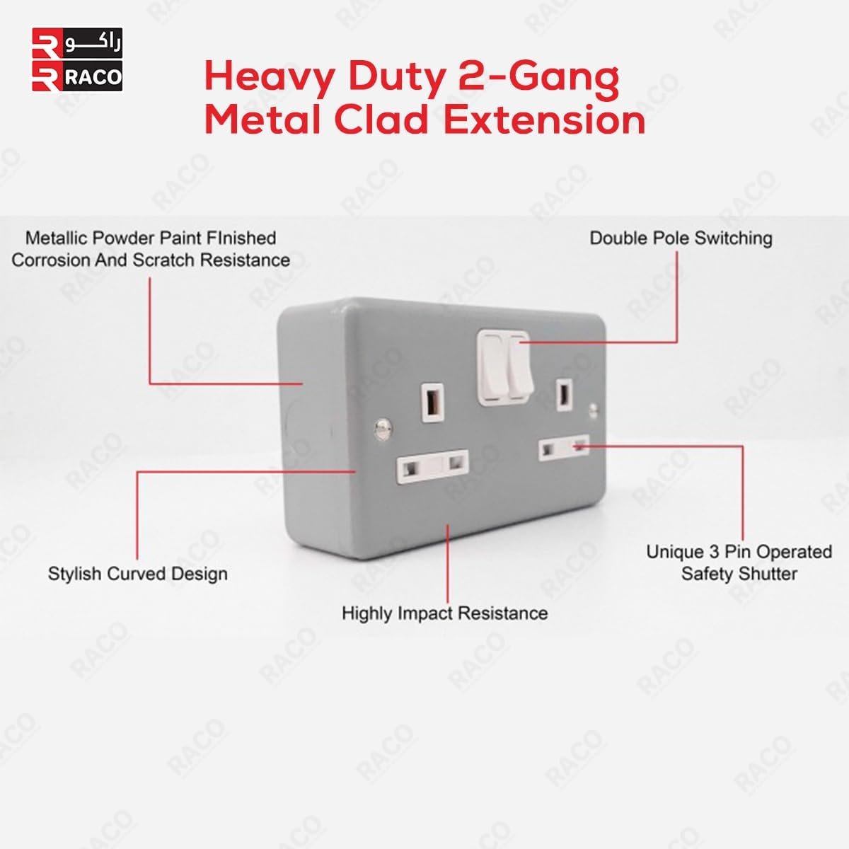 RACO Heavy Duty Extension Cable – 2 Gang Metal Clad 13A UK Switch Socket with 3C x 2.5mm Flexible Cable & Plug, Ideal for Outdoor Use