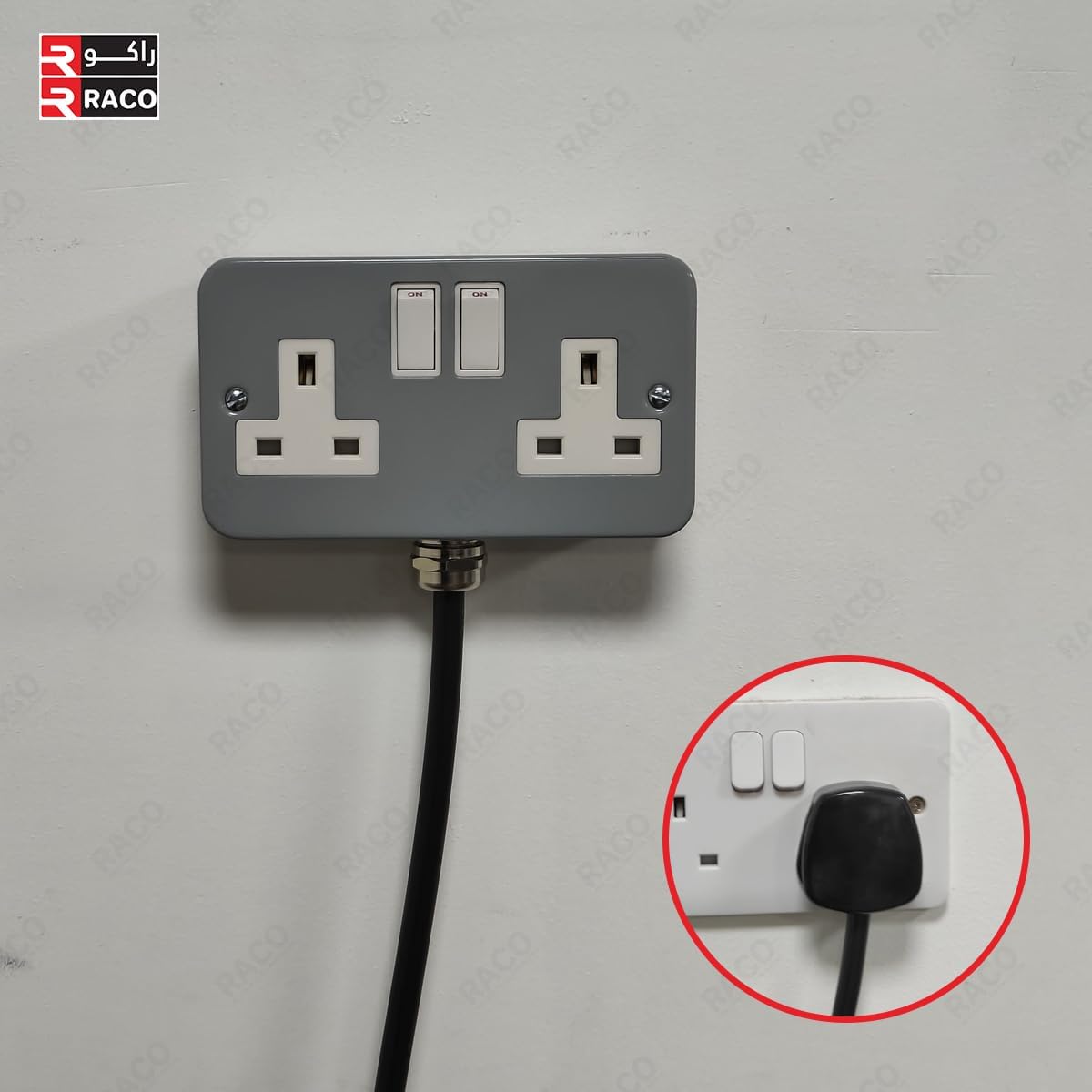 RACO Heavy Duty Extension Cable – 2 Gang Metal Clad 13A UK Switch Socket with 3C x 2.5mm Flexible Cable & Plug, Ideal for Outdoor Use