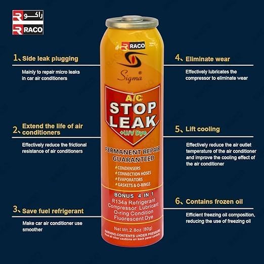 RACO Sigma Car Air Conditioner Stop leak Seal 80g | Repair R134A Refrigerant and Oil Leaks in Air Conditioning Systems with Fluorescent Leak Detection.