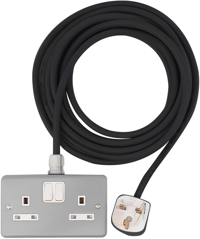 RACO Heavy Duty Extension Cable – 2 Gang Metal Clad 13A UK Switch Socket with 3C x 2.5mm Flexible Cable & Plug, Ideal for Outdoor Use