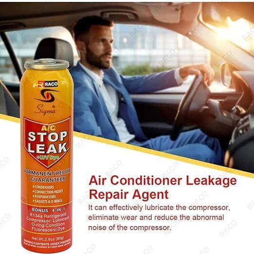 RACO Sigma Car Air Conditioner Stop leak Seal 80g | Repair R134A Refrigerant and Oil Leaks in Air Conditioning Systems with Fluorescent Leak Detection.