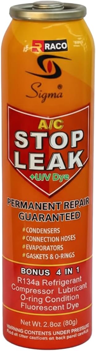 RACO Sigma Car Air Conditioner Stop leak Seal 80g | Repair R134A Refrigerant and Oil Leaks in Air Conditioning Systems with Fluorescent Leak Detection.