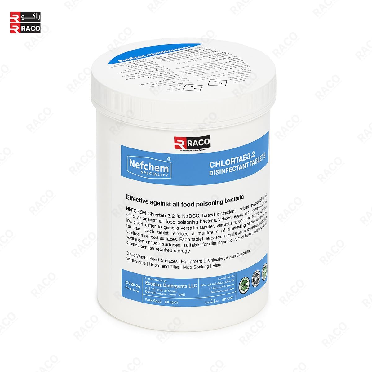 RACO Nefchem Chlortab 3.2 Disinfectant Tablets - NaDCC Chlorine Tablets for Food Surfaces, Water Purification, Equipment & Floor Sanitization