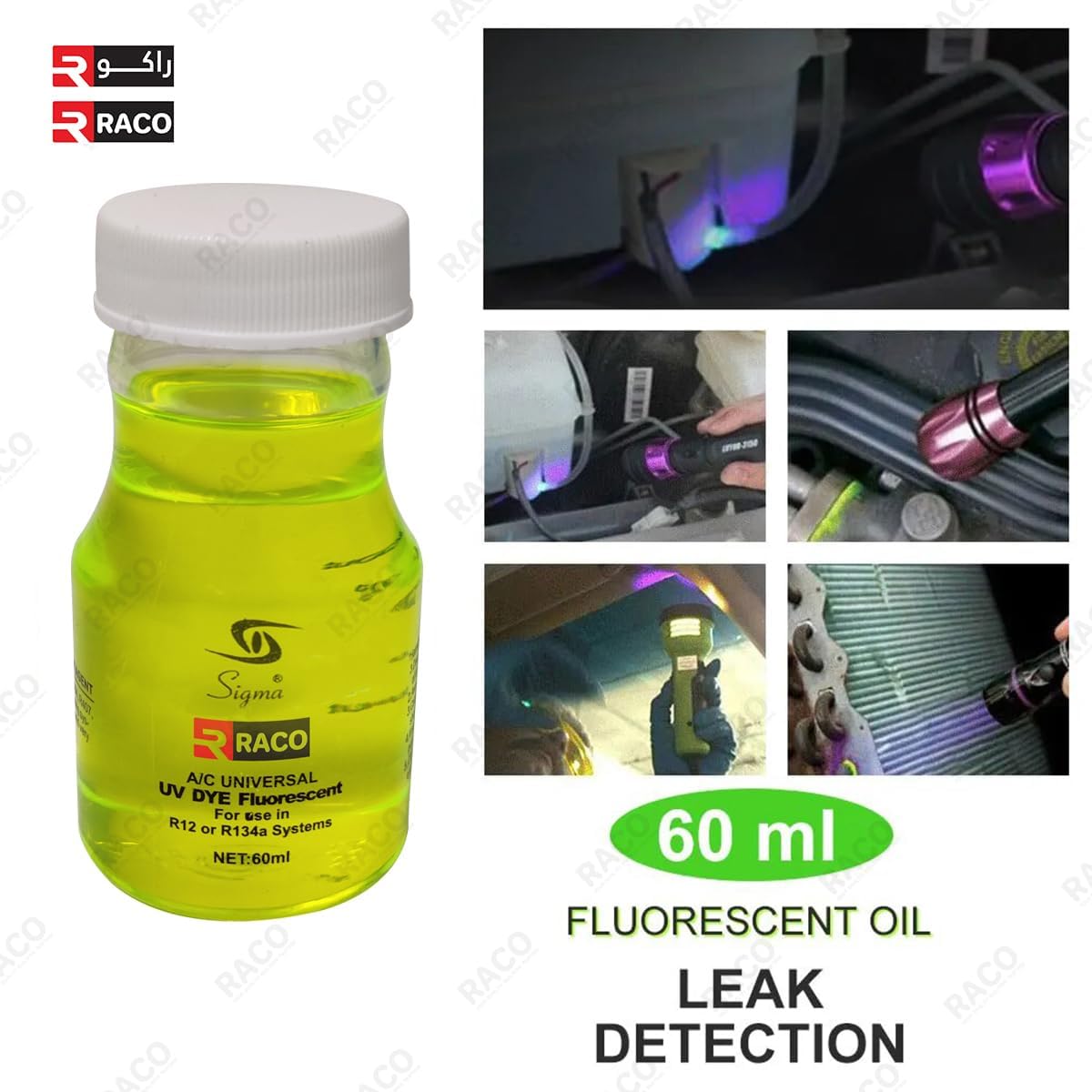 RACO Universal Auto Cooling Oil Leak Detection | Radiator Fluorescent Dye for AC Leakage Testing in Air Conditioners 60ml