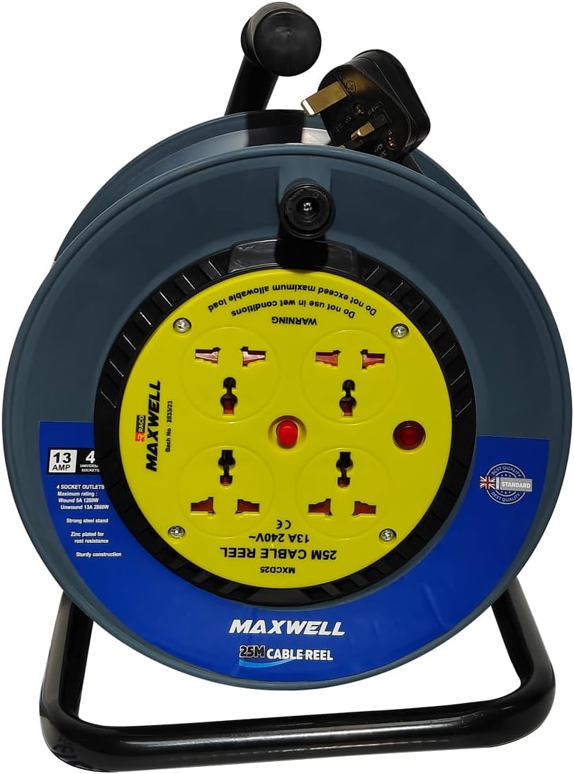 RACO Maxwell Heavy Duty 13A Cable Reel Extension | 4 Universal Sockets with Handle, ESMA Approved, PVC Wheel (25 Metre)