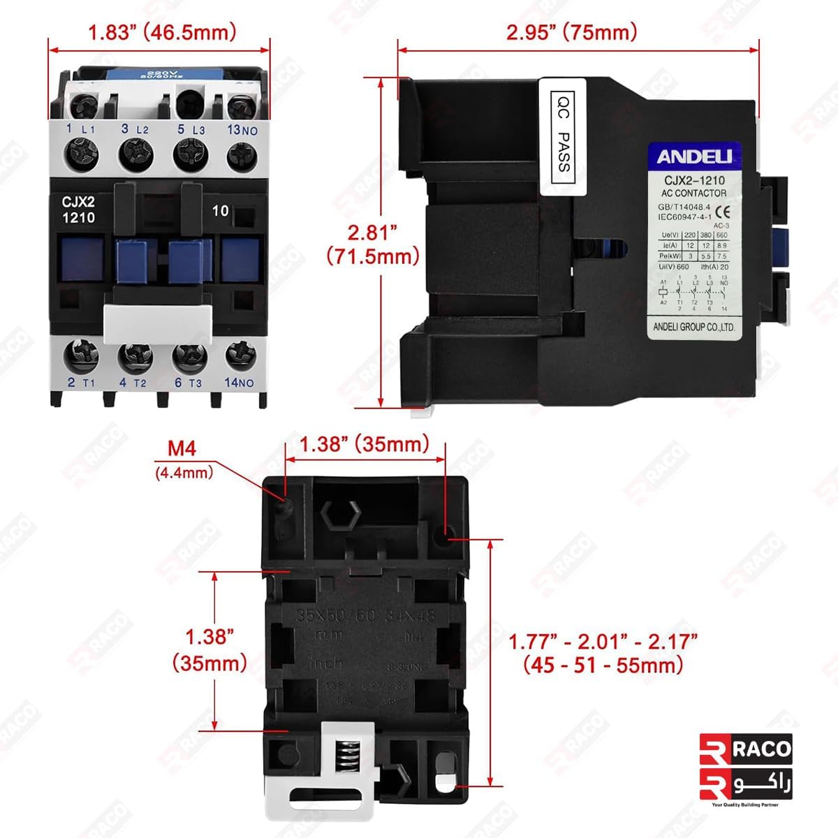 RACO ANDELI AC Contactor, CJX2-1210, 220V Coil 50/60Hz, 3-Pole (3P) Normally Open, 12A Ie, 380V Ue