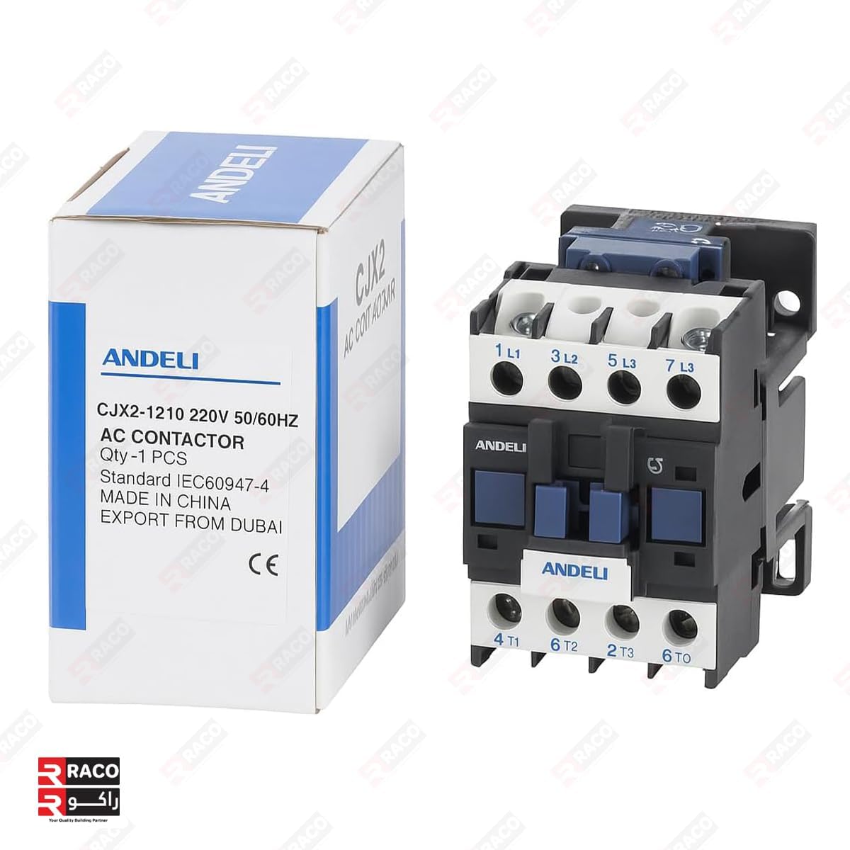 RACO ANDELI AC Contactor, CJX2-1210, 220V Coil 50/60Hz, 3-Pole (3P) Normally Open, 12A Ie, 380V Ue
