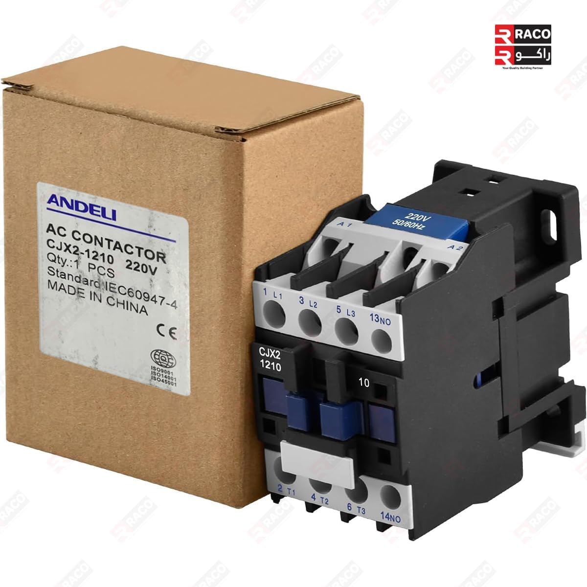RACO ANDELI AC Contactor, CJX2-1210, 220V Coil 50/60Hz, 3-Pole (3P) Normally Open, 12A Ie, 380V Ue