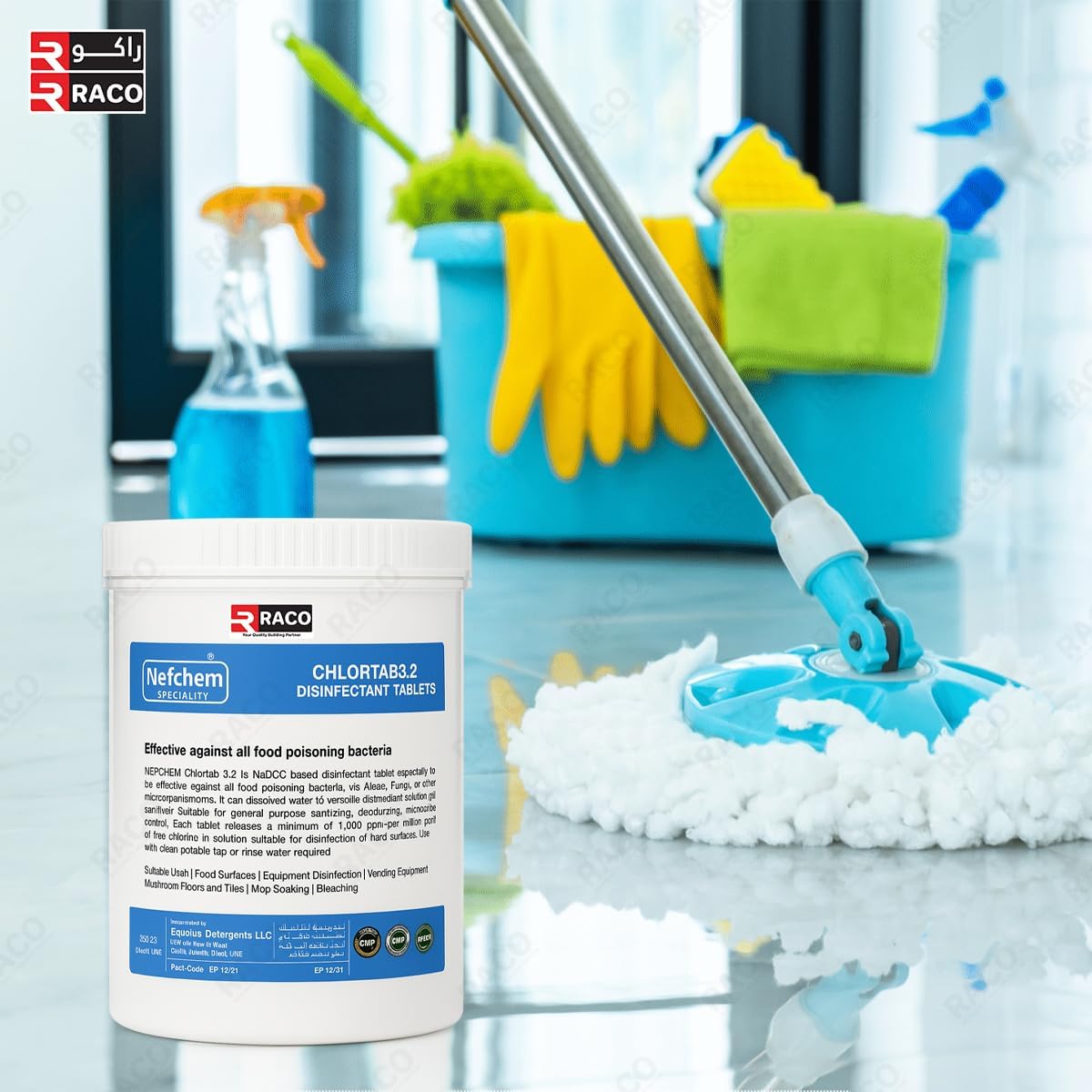 RACO Nefchem Chlortab 3.2 Disinfectant Tablets - NaDCC Chlorine Tablets for Food Surfaces, Water Purification, Equipment & Floor Sanitization