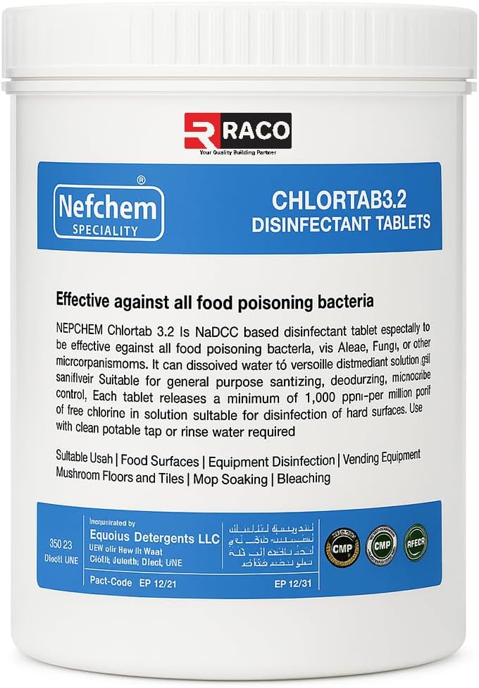 RACO Nefchem Chlortab 3.2 Disinfectant Tablets - NaDCC Chlorine Tablets for Food Surfaces, Water Purification, Equipment & Floor Sanitization