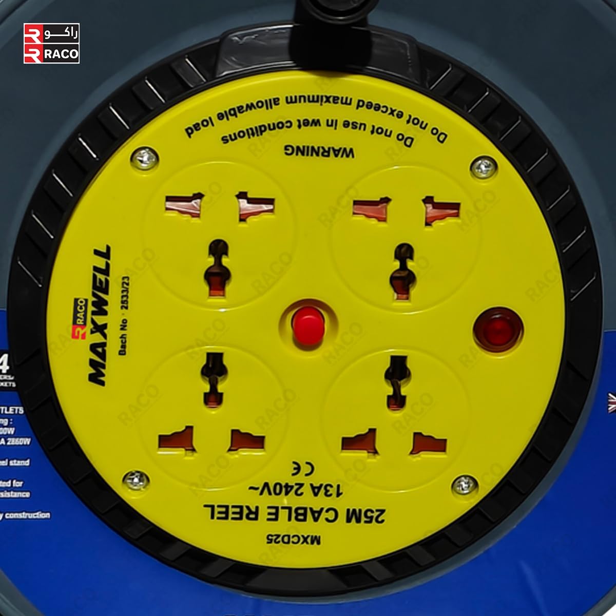 RACO Maxwell Heavy Duty 13A Cable Reel Extension | 4 Universal Sockets with Handle, ESMA Approved, PVC Wheel (25 Metre)