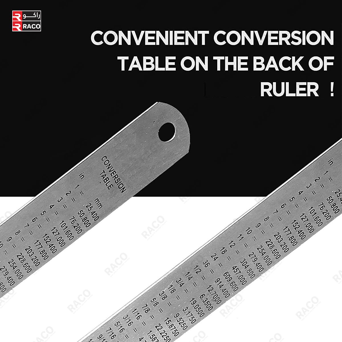 RACO Uken Stainless Steel Ruler | Heavy-Duty SS Scale with Conversion Table for School, Office, Home, Architects, Engineers, and Craft Supplies