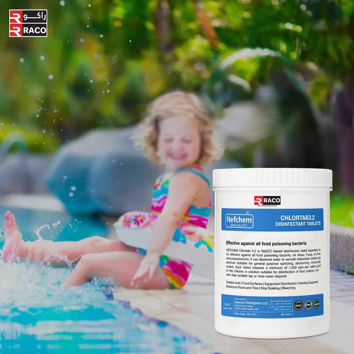 RACO Nefchem Chlortab 3.2 Disinfectant Tablets - NaDCC Chlorine Tablets for Food Surfaces, Water Purification, Equipment & Floor Sanitization