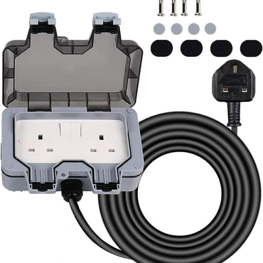 RACO Waterproof Socket Extension Board | Heavy-Duty Cable Power Cord Socket Cover | IP66 Rated 13A UK Plug,220-250V Socket, Ideal for Various Outdoor Uses (Double Socket)