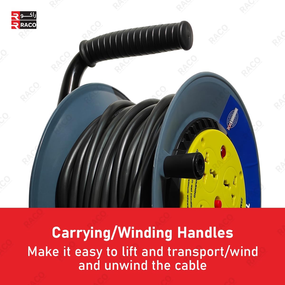 RACO Maxwell Heavy Duty 13A Cable Reel Extension | 4 Universal Sockets with Handle, ESMA Approved, PVC Wheel (25 Metre)