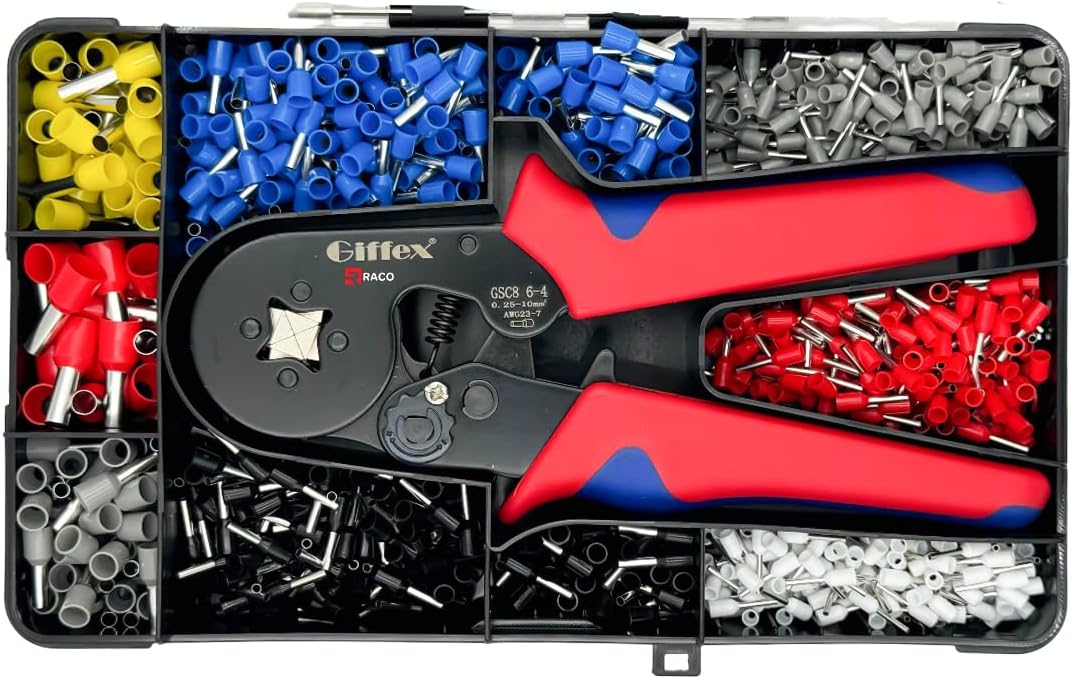 RACO Giffex Crimping Plier Set (0.25-10mm²) with 1200 Ferrule Connectors – Self-Adjusting Ratchet Bootlace Crimping Tool for Electrical Cable Lugs