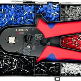 RACO Giffex Crimping Plier Set (0.25-10mm²) with 1200 Ferrule Connectors – Self-Adjusting Ratchet Bootlace Crimping Tool for Electrical Cable Lugs
