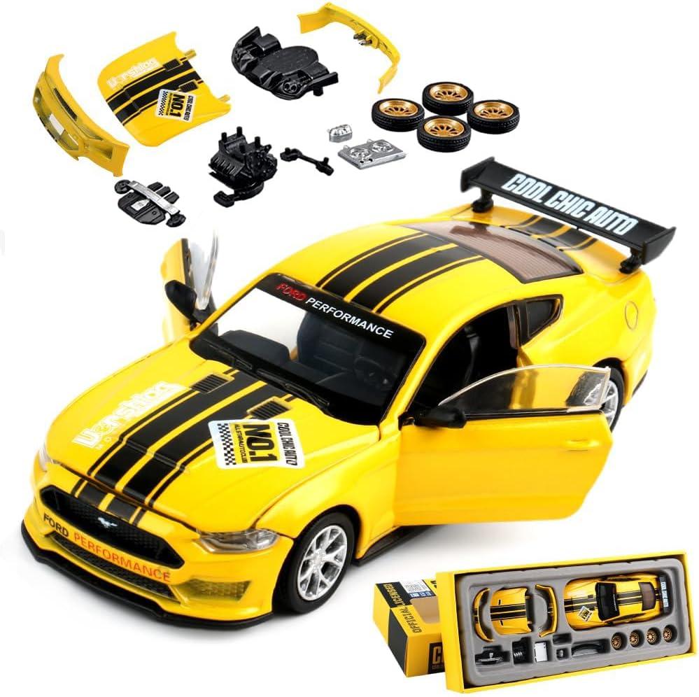 RACO Ford Mustang GT DIY - Yellow | Die-Cast Replica, Ultimate Collector's Item, Muscle Cars DIY Opening Doors | Toy Car, Make Your Own Race Car with Replacement Parts | Size - 1:42
