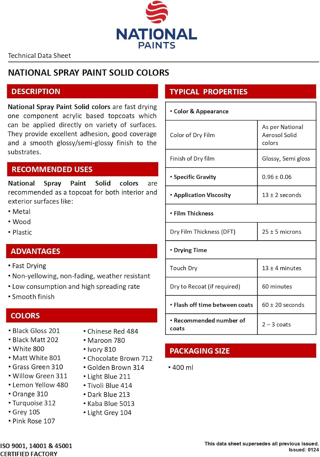 National Paints Fast Drying Acrylic Spray Paint, Premium Multi Surface Paint, Durable Finish, Easy to Use - 400ML