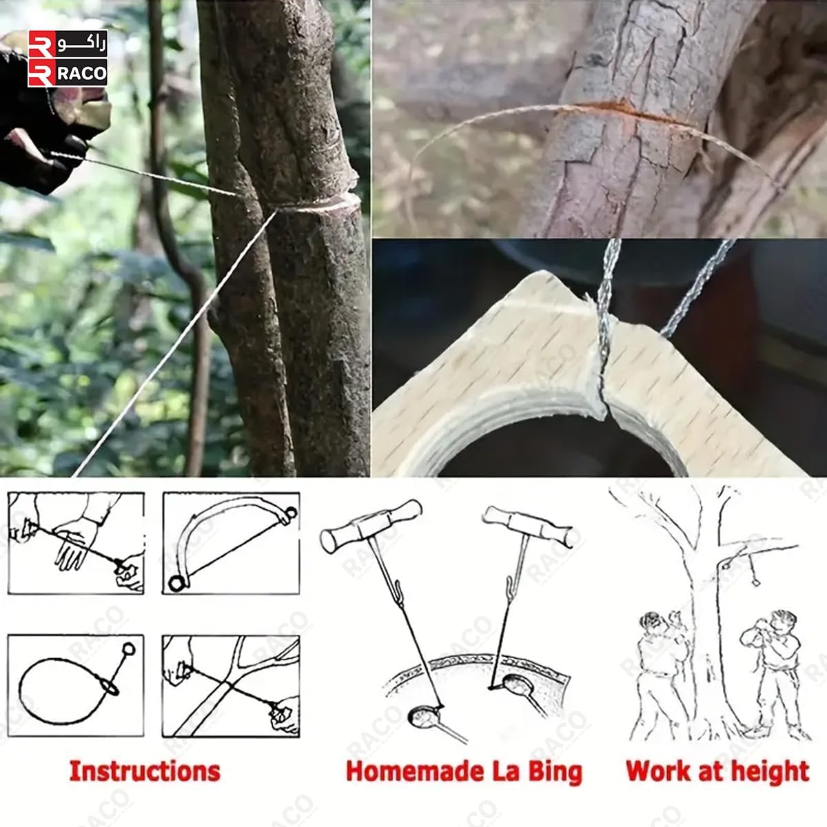 RACO Wire Saw, Steel Wire Saw Scroll, Hand Pocket Serrated Cutting Cable, PVC Pipe Cable Saw, Wire Saw for Bushcraft Gear Hunting Hiking Tree Cutting