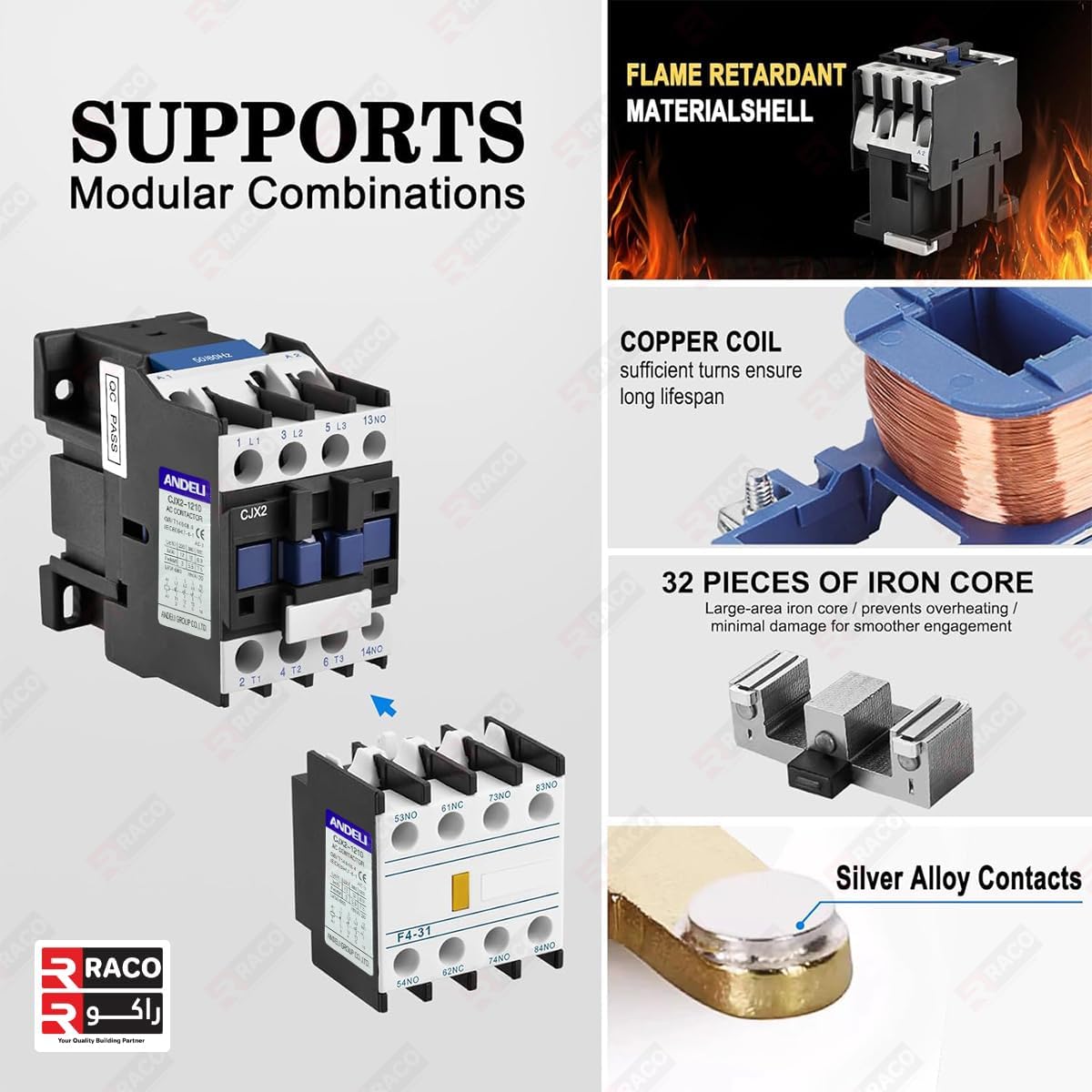 RACO ANDELI AC Contactor, CJX2-1210, 220V Coil 50/60Hz, 3-Pole (3P) Normally Open, 12A Ie, 380V Ue