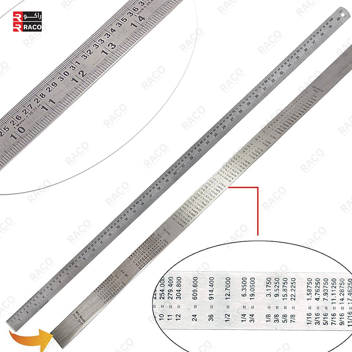 RACO Uken Stainless Steel Ruler | Heavy-Duty SS Scale with Conversion Table for School, Office, Home, Architects, Engineers, and Craft Supplies