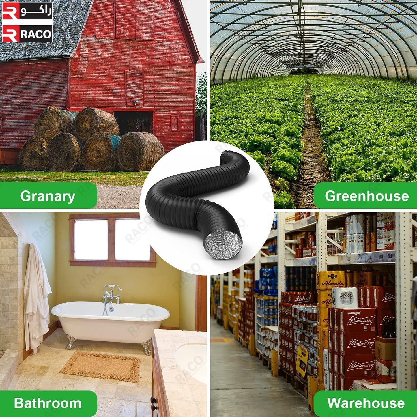 RACO Aluminium Duct Flexible PVC Coated Dryer Vent Hose for Heating Cooling Ventilation and Exhaust Fan Black